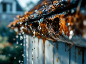 Verstopte regenpijp met bladeren en vogelnest naast schone goot met vogelwering, zichtbare waterschade aan gevel