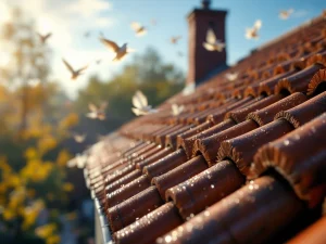 Vogelverschrikking borstels op pannendak met ochtenddauw, vogels vliegen weg van beschermde dakrand