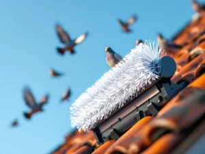 Vogelpinnen op pannendak houden duiven op afstand, close-up van transparante borstels tegen blauwe lucht