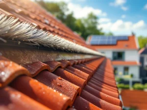 Vogelwerende borstels op rode dakpannen met waterdruppels, zonnepanelen op achtergrond onder blauwe lucht