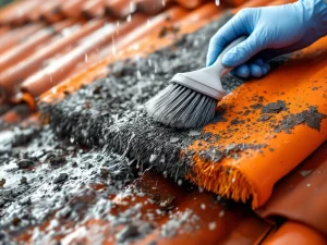 Vogelverschrikkerborstels op oranje dakpannen worden met de hand schoongemaakt, contrast tussen vuil en schoon zichtbaar