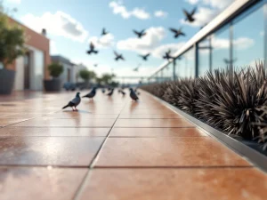 Vogelwerende borstels geïnstalleerd op terrasrand met duiven op afstand in natuurlijk zonlicht