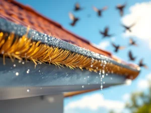 Regengoot met vogelverschrikkende borstels tegen duiven, waterdruppels op metaal tegen blauwe lucht