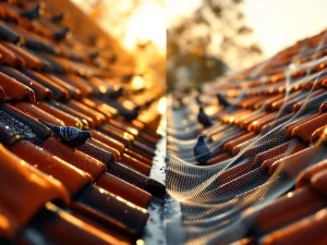 Vogelverjagers op Nederlands dak: zwarte borstels en transparant net tegen duiven, oranje dakpannen in zonlicht