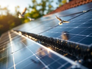 Zonnepanelen op Nederlands dak met zwarte vogelbescherming borstels langs de randen, vogel op de achtergrond