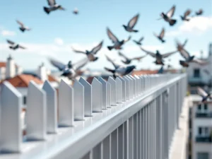 Moderne balkonrailing met vogelpinnen die duiven afschrikken, close-up met heldere architectuur en blauwe lucht