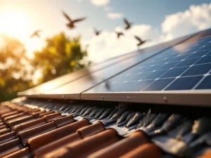 Zwarte zonnepanelen op woonhuis met borstelstrip vogelbescherming langs de randen, verlicht door zonlicht