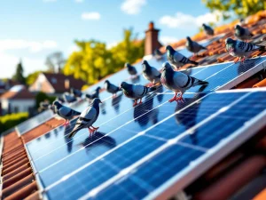 Zonnepanelen op pannendak met vogelwerende borstels tegen duiven, Nederlandse woonwijk op achtergrond