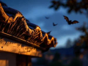 Borstelstrip tegen vleermuizen wordt geïnstalleerd onder dakpannen bij schemering met vleermuis op achtergrond