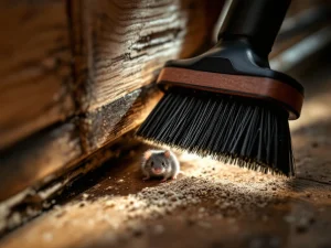 Borstel met stijve haren geïnstalleerd onder houten deur blokkeert muizengat, grijze muis op achtergrond