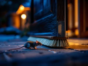 Deurborstelborstel blokkeert muis bij deuropening, close-up met contrast tussen warm binnen- en buitenlicht