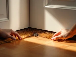 Handen installeren bruine borstelstrip onder witte houten deur om spleet te dichten tegen ongedierte