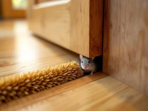 Grijze muis kruipt door opening onder houten deur met bruine borstel afdichtingsstrip klaar voor installatie