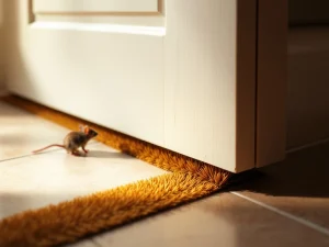 Bruine strip borstel geïnstalleerd onder witte deur blokkeert muis op tegelvloer, knaagdierbescherming