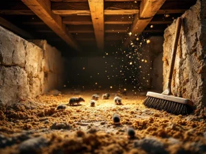 Kruipruimte met muizen langs houten balken, professionele schoonmaakgereedschappen en isolatiemateriaal zichtbaar