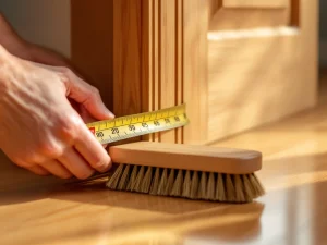 Handen meten met meetlint de opening onder houten deur, bruine borstel ernaast voor juiste maat selectie