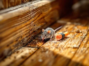 Muis probeert door spleet te kruipen terwijl borstelstrip en kit aangrenzende kieren in plinten afdichten