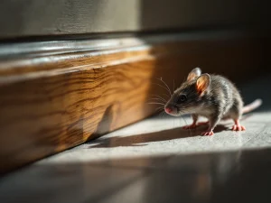 Grijze muis bij houten plint met professionele schoonmaakborstels als barrière tegen ongedierte
