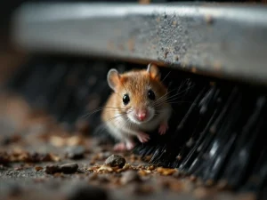 Bruine muis probeert door donkere borstelharen te kruipen, toont effectieve ongediertebestrijding met borstelbarrières