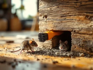 Professionele borstel blokkeert muizengat in houten fundering van Nederlands huis