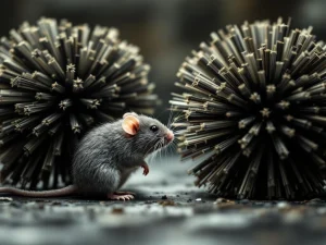 Grijze muis probeert voorbij industriële reinigingsborstels met stijve haren te navigeren in close-up shot