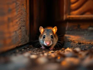 Huismuis kruipt door smalle opening onder houten deurdrempel met zichtbare afdichtingsrubber en warme binnenverlichting.