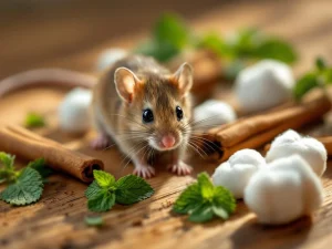 Bruine muis bij natuurlijke afweermiddelen zoals pepermuntbladeren, kaneelstokjes en watten met etherische oliën