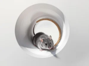 Grijze muis probeert door ronde opening te kruipen, geblokkeerd door schoonmaakborstel met bruine haren op witte achtergrond