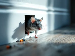 Grijze muis kruipt uit spleet in witte plint met professionele schoonmaakborstels voor ongediertebestrijding