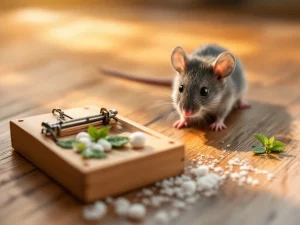 Grijze muis komt uit vloerspleet met houten muizenval en pepermuntblaadjes als natuurlijke bestrijding
