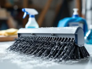 Muiswerende borstel met dichte borstels diagonaal geplaatst, met schoonmaakspray en doek op achtergrond