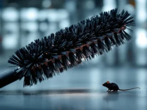 Professionele muizenwerende borstel met donkere borstels, diagonaal geplaatst tegen industriële achtergrond