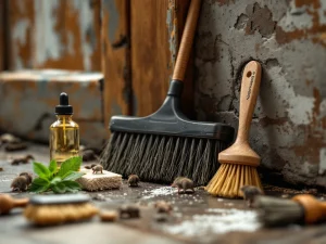 Professionele schoonmaakborstels geplaatst rond muizeningangen met staalwol en pepermuntolie voor ongediertebestrijding