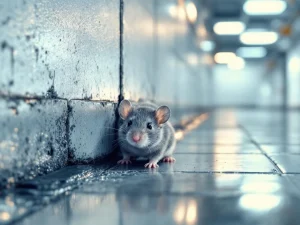 Grijze muis kruipt uit muurscheur terwijl professionele ongediertebestrijding en afdichtingsmaterialen zichtbaar zijn