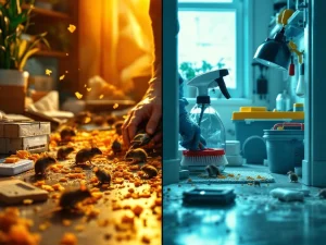 Vergelijking tussen mislukte DIY muizenbestrijding met verspreide muizen en professionele pest control met industriële vallen
