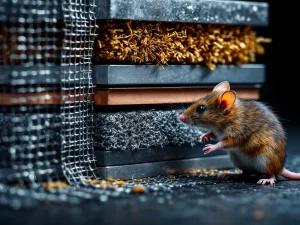 Muis bij barrière van staalwol en metalen gaas voor knaagdierbestrijding met dramatische verlichting