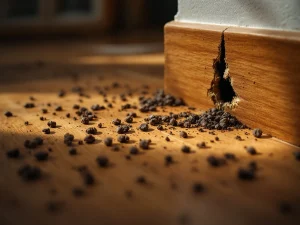 Muizenkeutels, knaagsporen op karton en gat in plint op houten keukenvloer tonen muizenplaag