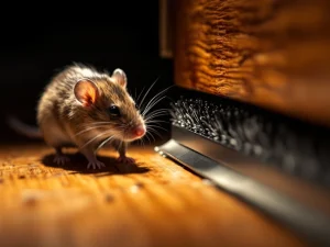 Borstelborstel tegen knaagdieren geïnstalleerd onder houten deur met bruine muis die nadert in dramatische verlichting