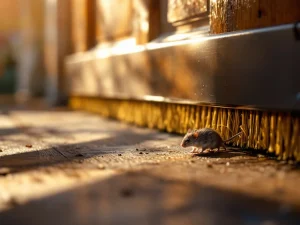Stripborstel aan deurdrempel blokkeert muis, toont effectieve knaagdierpreventie in Nederlandse woning