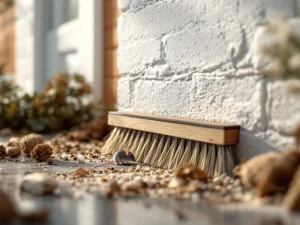 Professionele borstel dicht funderingsspleet bij wit huis, muis wordt geweerd, preventieve ongediertebestrijding