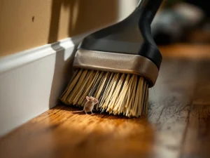 Borstel met stijve haren blokkeert huismuis bij opening in plinten van houten vloer als ongediertebestrijding
