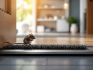 Muis tegengehouden door roestvrijstalen deurveegborstel aan moderne huisingang met warme binnenverlichting