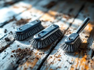 Professionele ongediertebestrijdingsborstels op witte ondergrond met muizengaten in houtwerk op de achtergrond