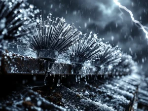 Vleermuisafwerende borstels op dakrand met ijskristallen en regendruppels tijdens storm met bliksem op achtergrond