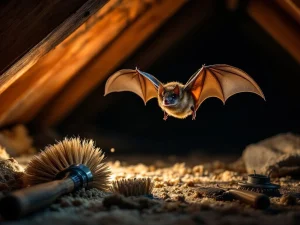Vleermuis in vlucht in zolder met professionele verwijderingsgereedschappen en borstels voor ongediertebestrijding