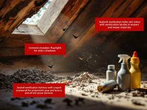 Vleermuis silhouet bij dakspant met foutieve bestrijdingsmethoden: felle zaklamp, afgesloten ventilatie en chemische sprays
---
**Alternative if more detail needed within limit:**
Vleermuis bij dakbalk met verkeerde aanpak: felle verlichting, geblokkeerde ventilatie en chemicaliën