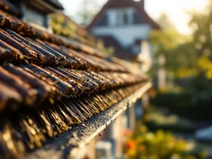 Vleermuisafweer borstel geïnstalleerd op dakrand met kleipannen, close-up van beschermende borstelharen in ochtendlicht