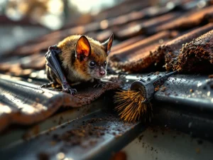 Bruine vleermuis op dakgoot naast gootborstel, daktegels en dakgootsysteem in scherpe focus met natuurlijke belichting