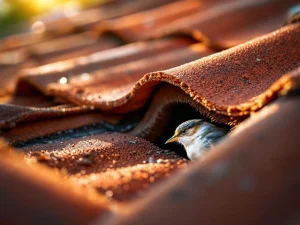 Vogel probeert onder rode dakpan te kruipen terwijl professionele borstelvering toegang blokkeert