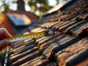 Handen meten vogelpinnen op dakpannen met meetlint, zonnepanelen op achtergrond, professionele dakonderhoud